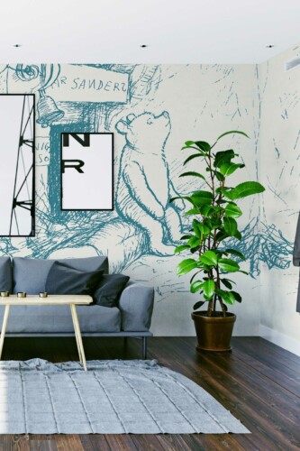 Winnie-the-Pooh Story peel and stick or non-pasted wall mural. Blue and white novelty cartoon bear line art design, perfect for creating a playful and imaginative kids room wall mural.