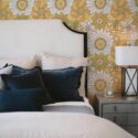 Shabby chic style bedroom decorated with Big retro flowers peel and stick wallpaper