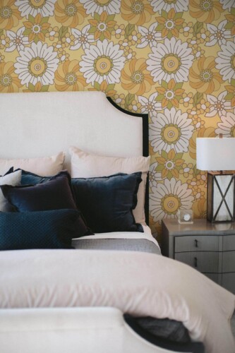 Shabby chic style bedroom decorated with Big retro flowers peel and stick wallpaper