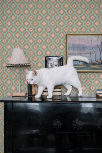Industrial style music room decorated with Bimini ikat peel and stick wallpaper