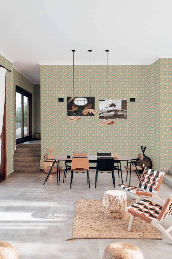 Modern boho style living dining room decorated with Bimini ikat peel and stick wallpaper