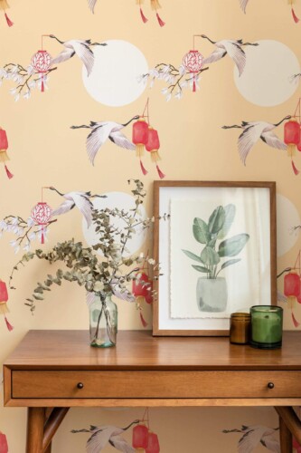 Mid-century modern style living room decorated with Bird chinoiserie peel and stick wallpaper