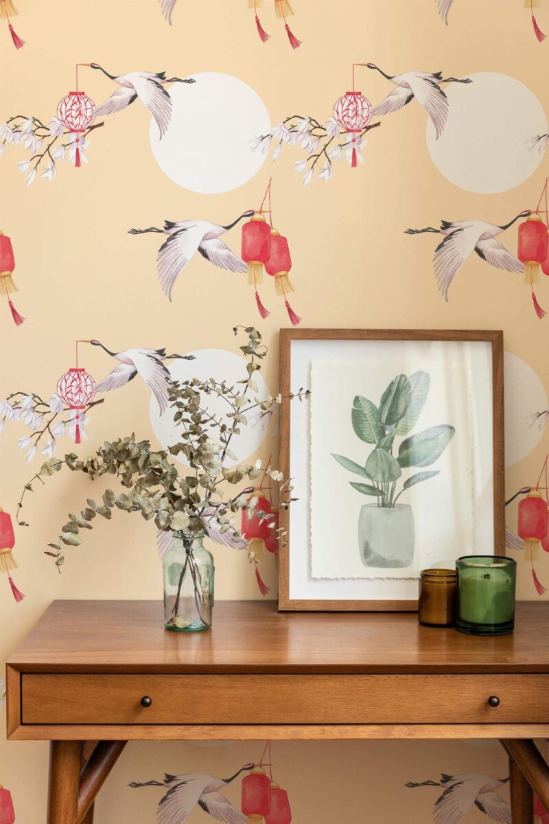 Mid-century modern style living room decorated with Bird chinoiserie peel and stick wallpaper