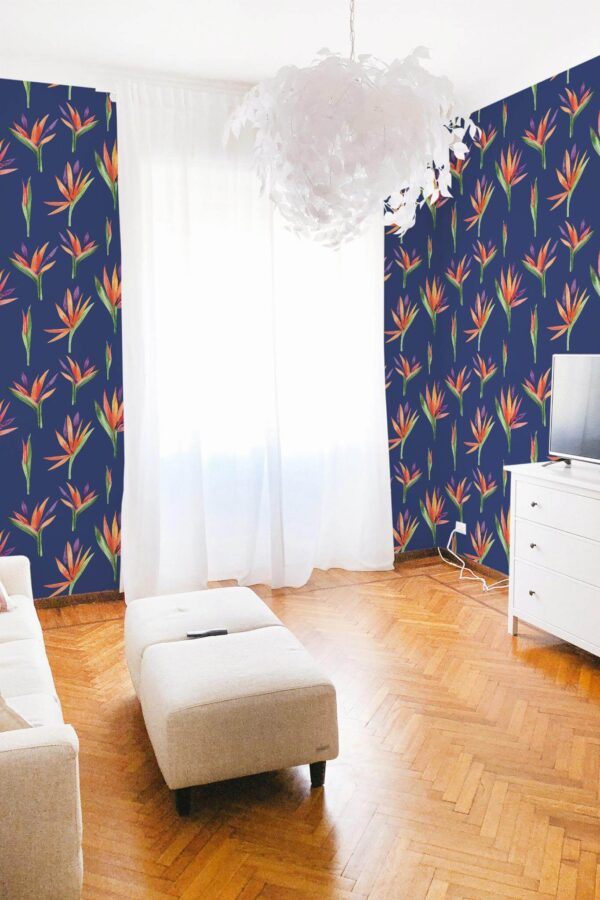 Modern boho style living room decorated with Bird of paradise peel and stick wallpaper