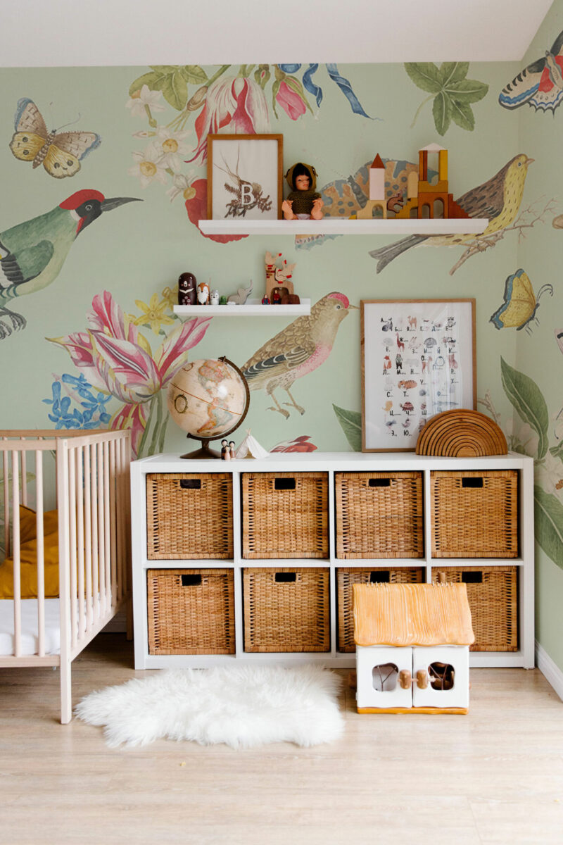 Birdsong peel and stick or non-pasted wall mural. Fancy Walls removable self-adhesive or traditional retro bird floral eco-friendly and PVC-free nursery mural wallpaper