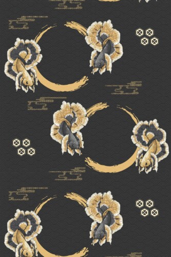 Pattern repeat of Black and gold color fish abstract removable wallpaper design