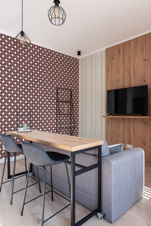 Scandinavian style open living room decorated with Black and red geometric peel and stick wallpaper