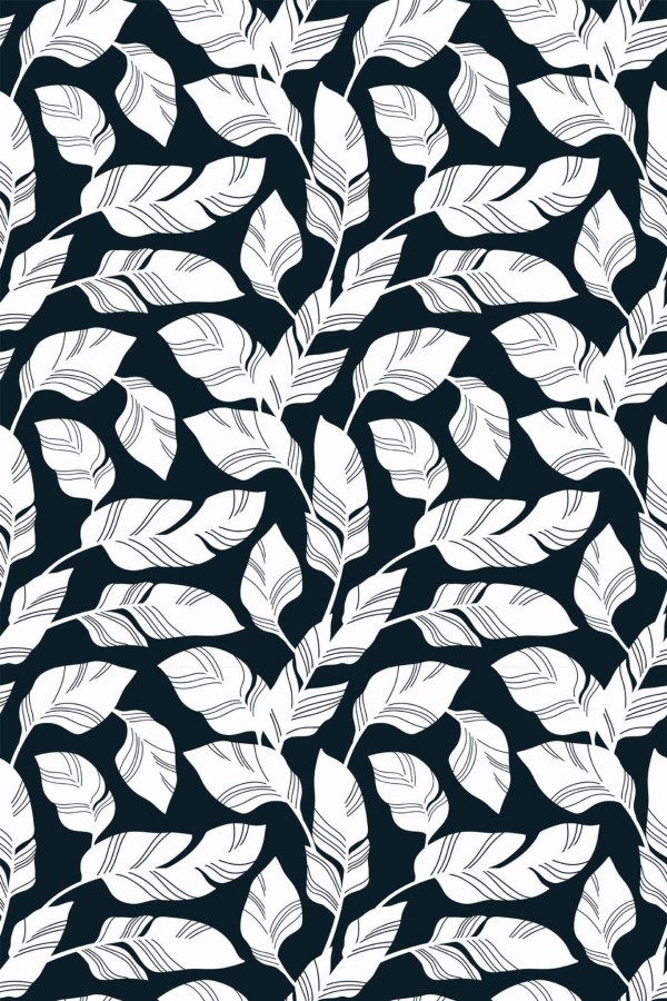 Pattern repeat of Black and white banana leaf removable wallpaper design