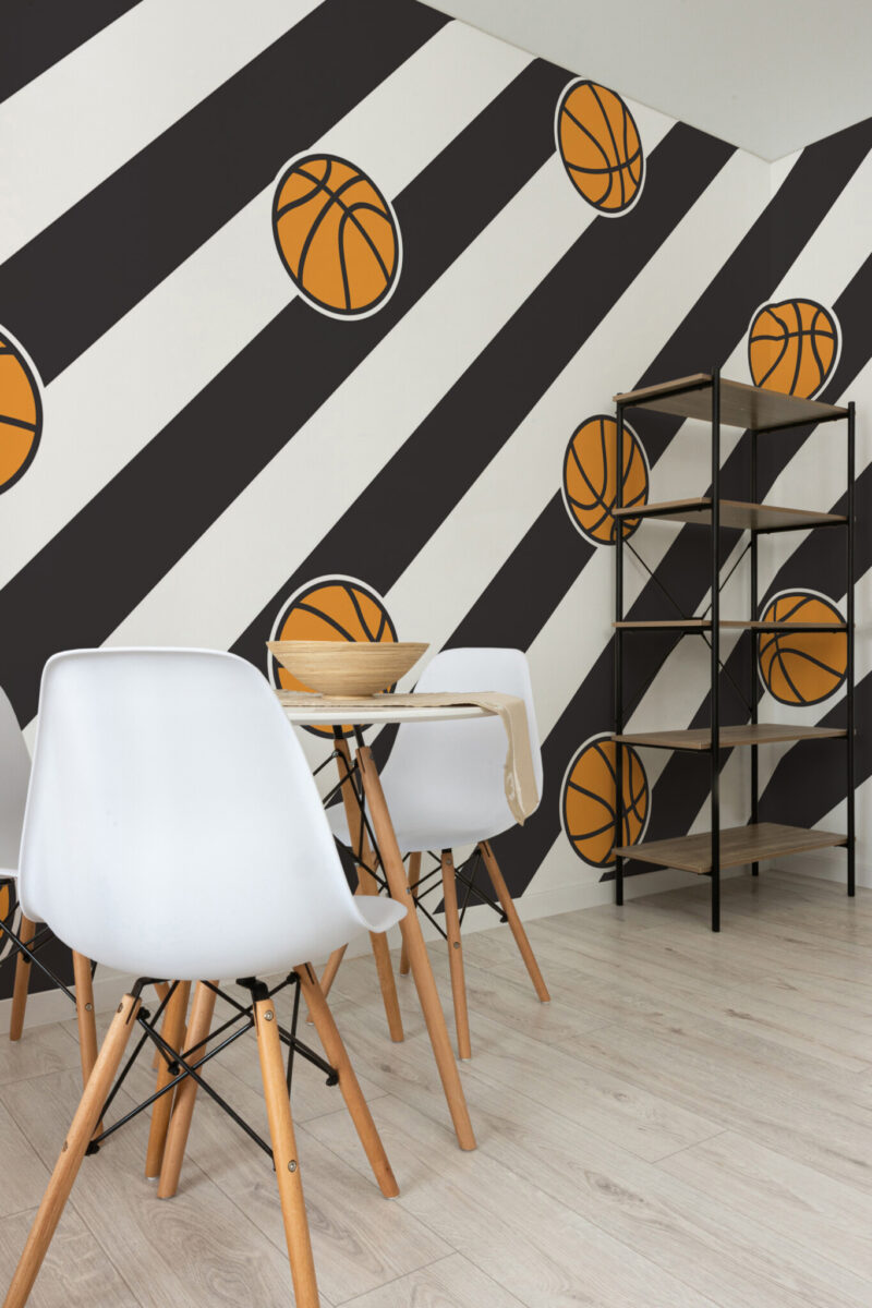 Striped Basketball Balls Wall Mural with bold orange basketballs on a black-and-white striped geometric background, ideal for sporty gym or game room walls.