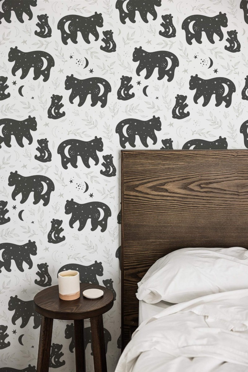 Farmhouse style bedroom decorated with Black and white bears peel and stick wallpaper