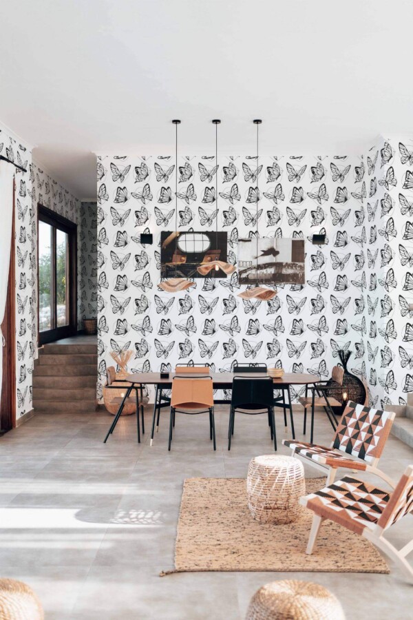 Modern boho style living dining room decorated with Black and white butterflies peel and stick wallpaper