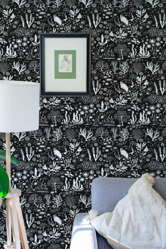 Eastern European style living room decorated with Black and white coral peel and stick wallpaper