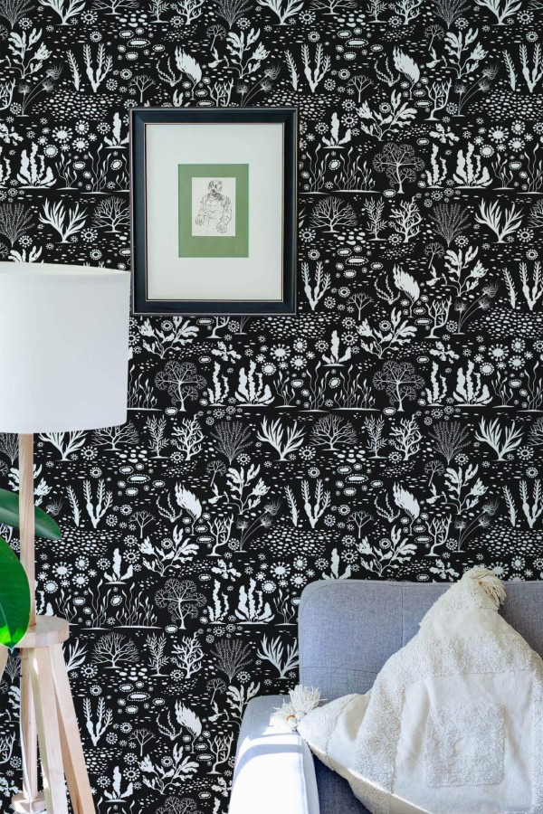 Eastern European style living room decorated with Black and white coral peel and stick wallpaper