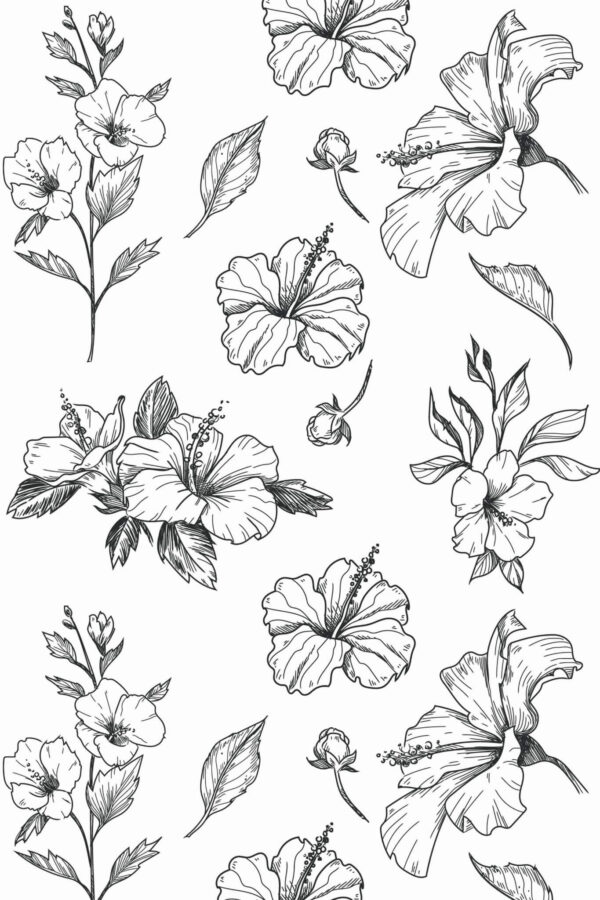 Pattern repeat of Black and white floral removable wallpaper design