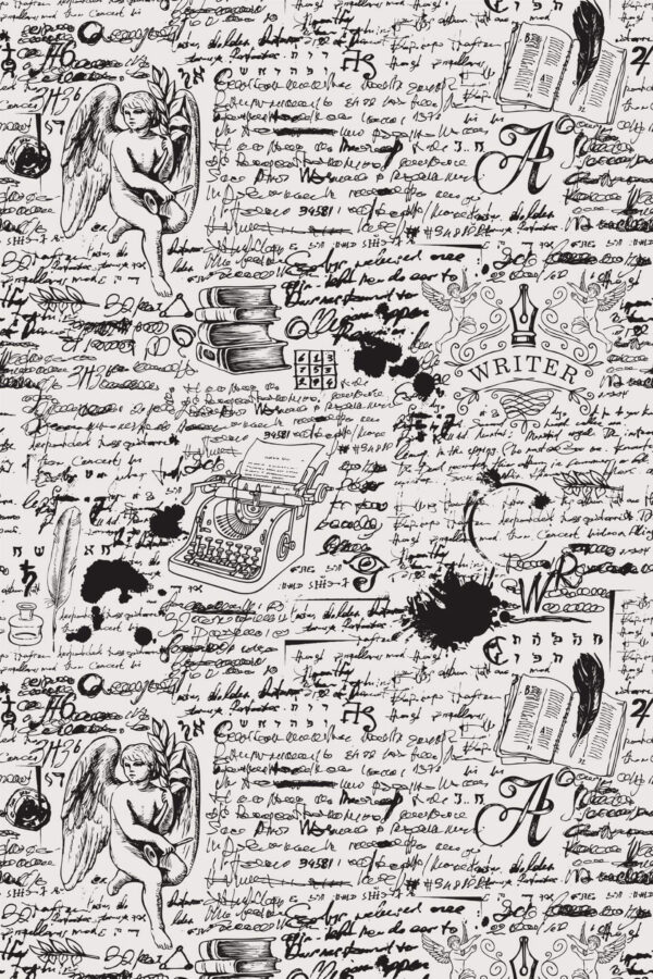 Pattern repeat of Black and white handwriting removable wallpaper design