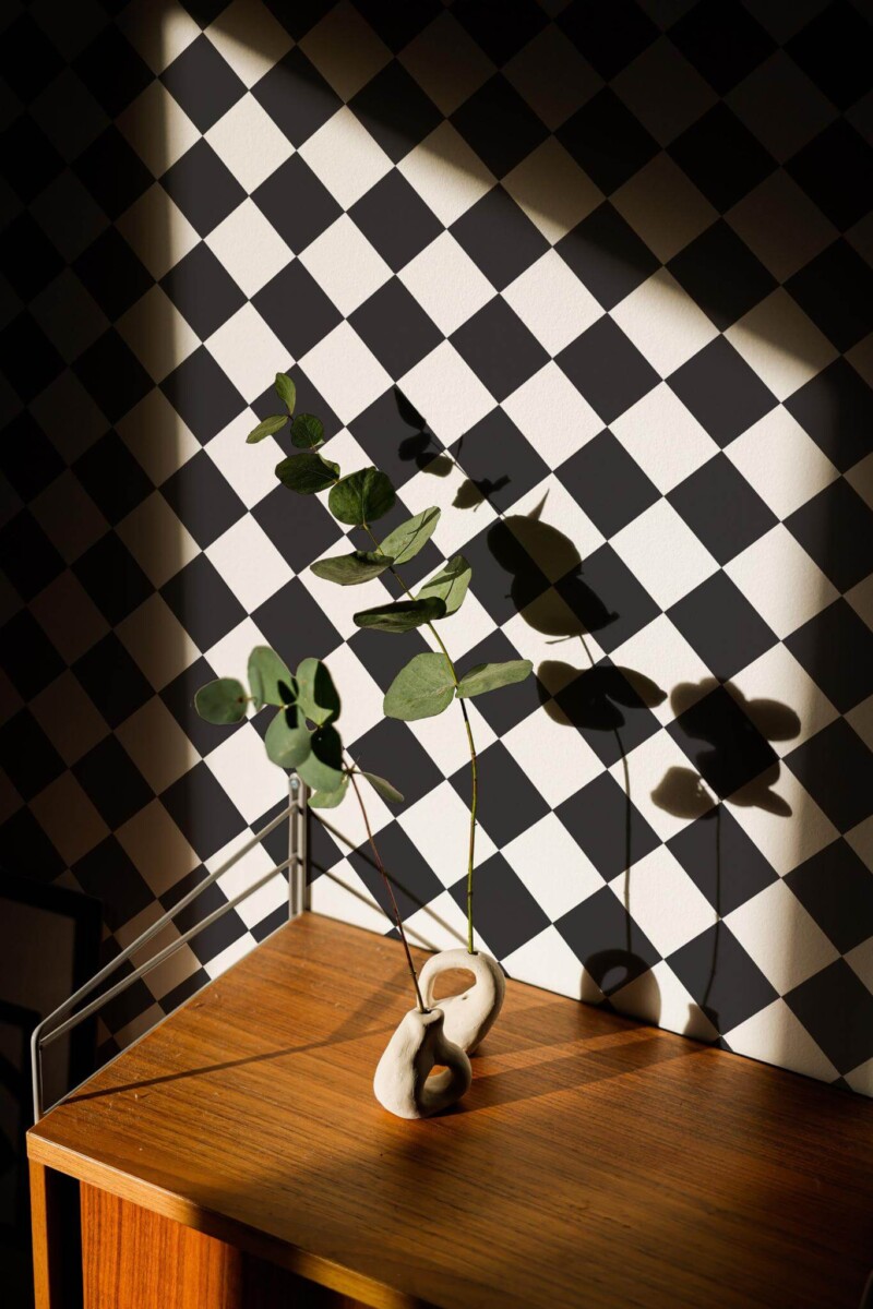Mid-century style living room decorated with Black and white Harlequin peel and stick wallpaper