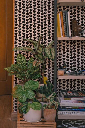 Southwestern style living room decorated with Black and white heart peel and stick wallpaper