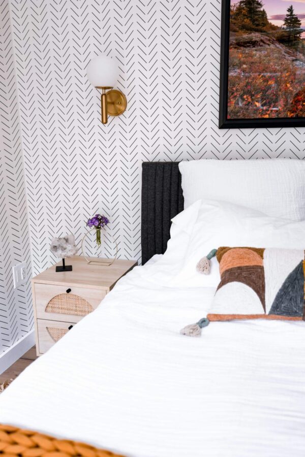 Modern style bedroom decorated with Black and white herringbone peel and stick wallpaper