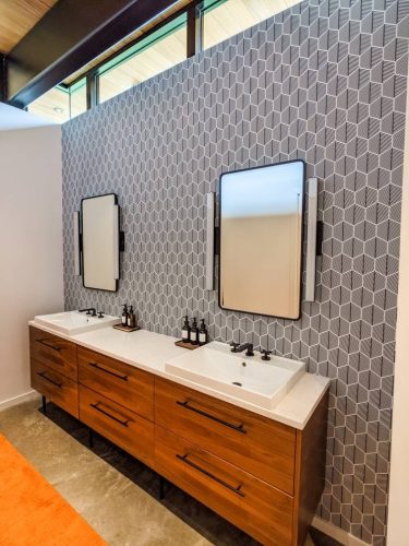 hexagon peel and stick wallpaper in bathroom