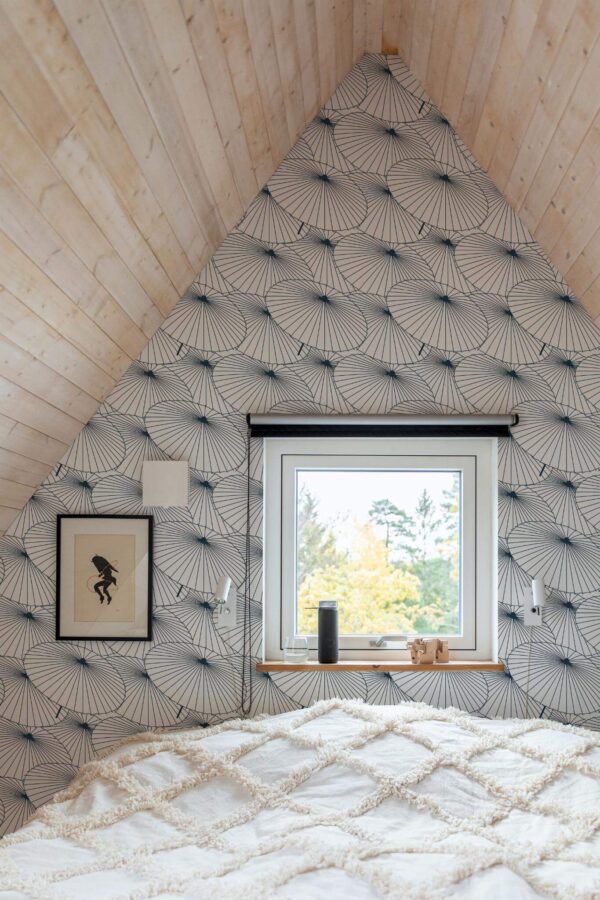Light farmhouse style bedroom decorated with Black and white japanese peel and stick wallpaper