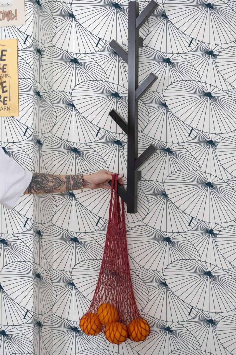 Scandinavian style kitchen decorated with Black and white japanese peel and stick wallpaper