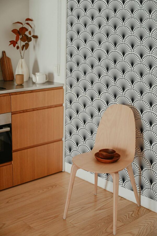 Boho style kitchen decorated with Black and white kitchen peel and stick wallpaper
