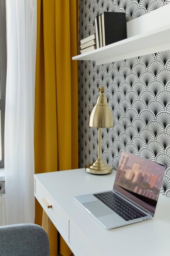 Scandinavian style home office decorated with Black and white kitchen peel and stick wallpaper