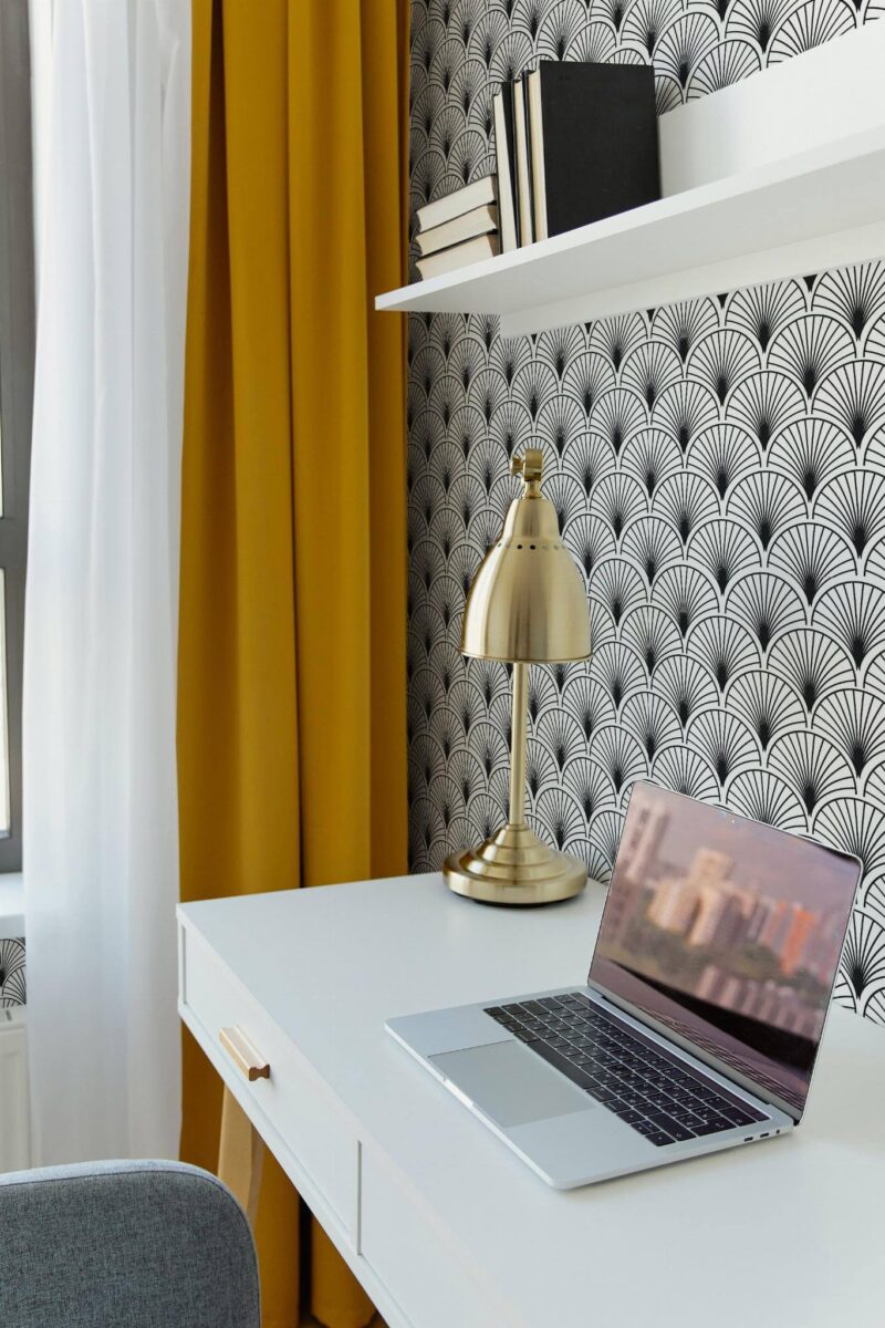 Scandinavian style home office decorated with Black and white kitchen peel and stick wallpaper