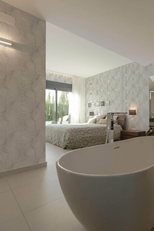 Modern style bedroom with open bathroom decorated with Black and white mesh lines peel and stick wallpaper