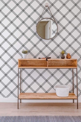 Contemporary style entryway decorated with Black and white plaid peel and stick wallpaper