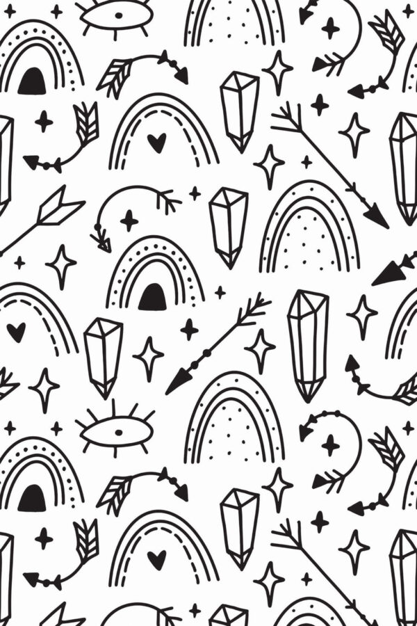 Pattern repeat of Black and White Rainbow removable wallpaper design