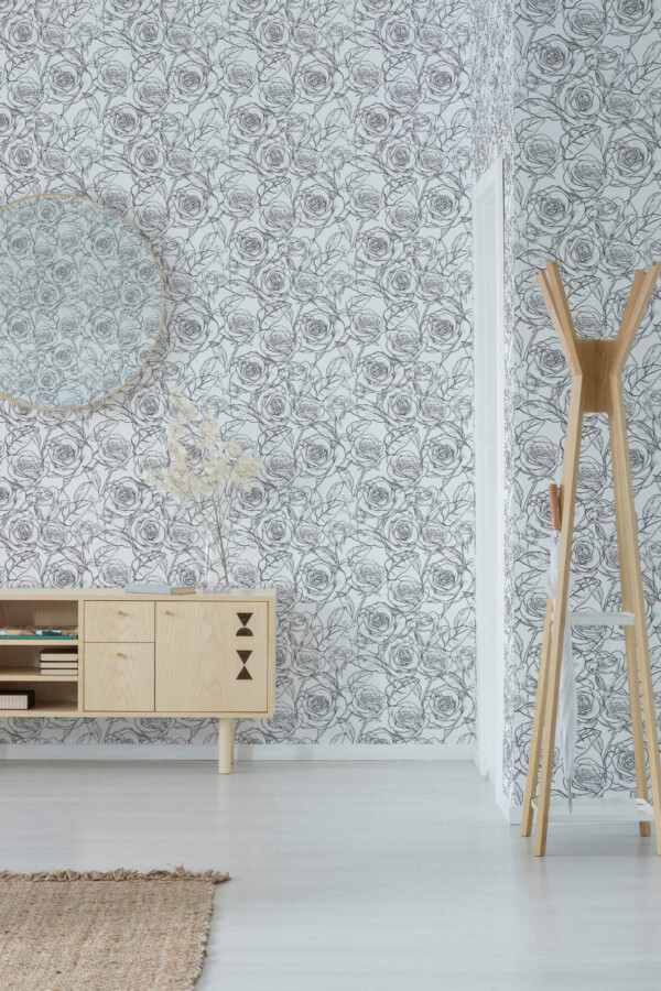 Minimal style entryway decorated with Black and white roses peel and stick wallpaper