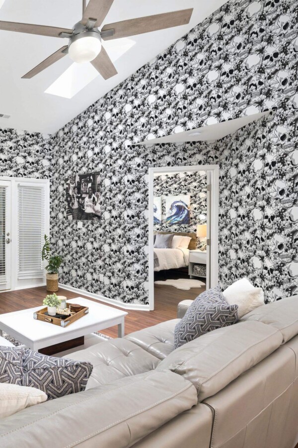 Coastal scandinavian style living room and bedroom decorated with Black and white skull peel and stick wallpaper
