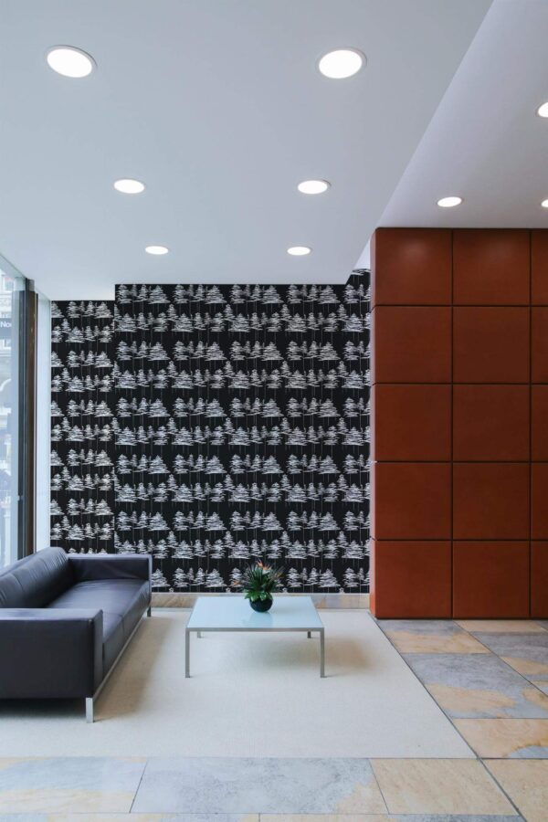 Minimal mid-century style living room decorated with Black and white trees peel and stick wallpaper