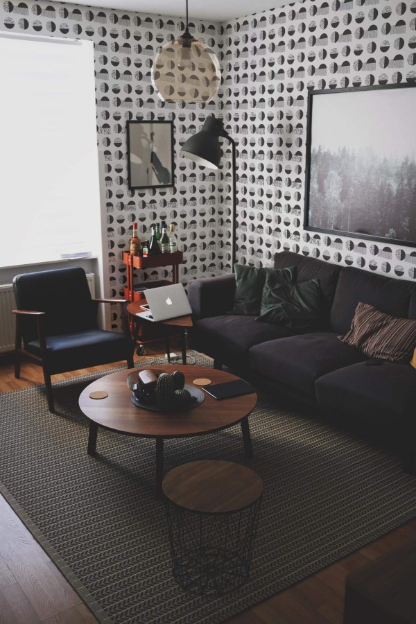 Modern dark industrial style living room decorated with Black and white triangle peel and stick wallpaper