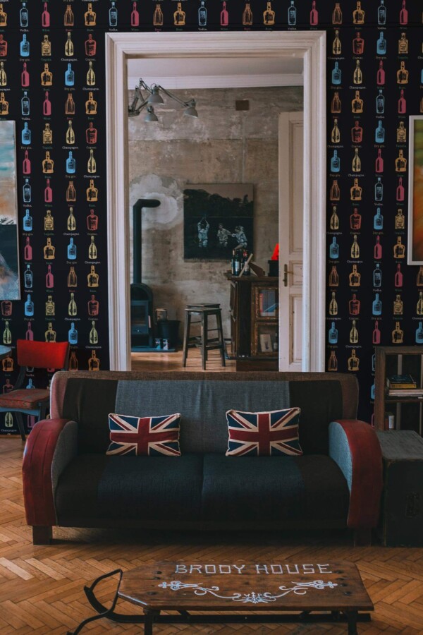 Industrial rustic style living dining room decorated with Black bar peel and stick wallpaper