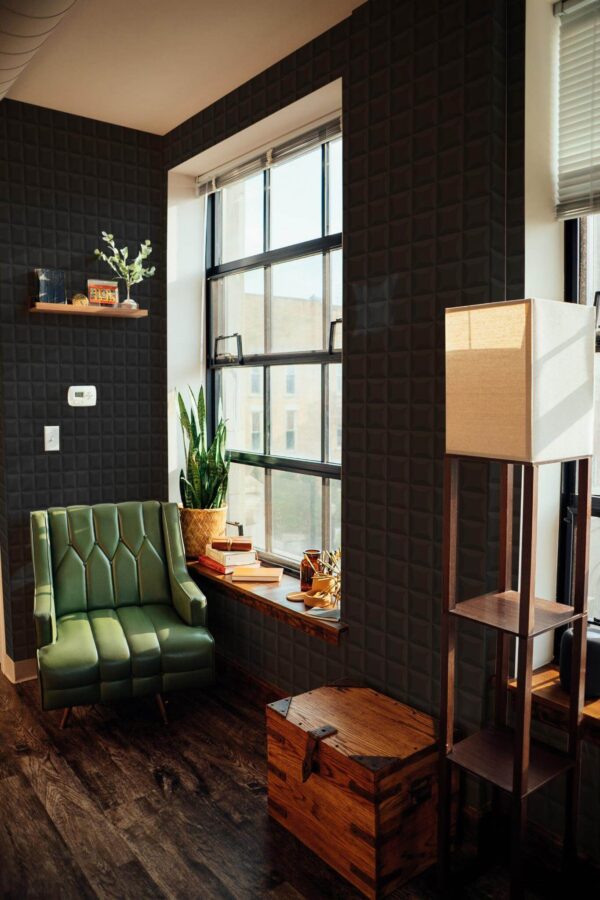 Mid-century style living room decorated with Black bathroom peel and stick wallpaper