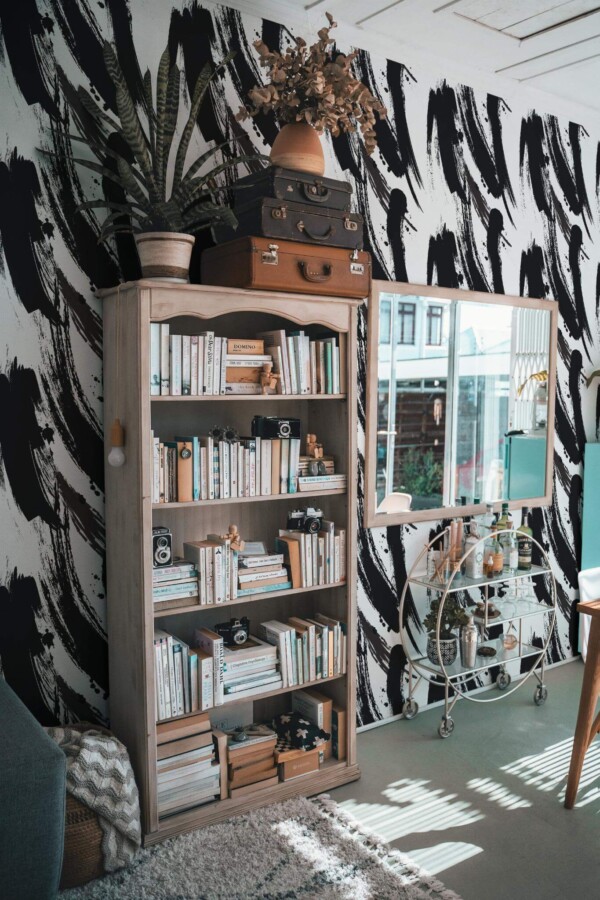 Farmhouse style living room decorated with Black brush strokes peel and stick wallpaper