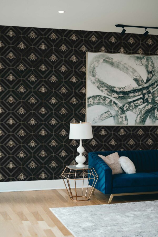 Fancy Walls traditional wallpaper in a stylish black bee pattern.