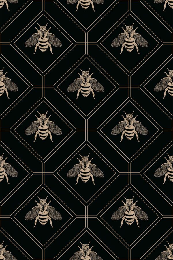 Fancy Walls removable wallpaper showcasing black bees in art deco style.