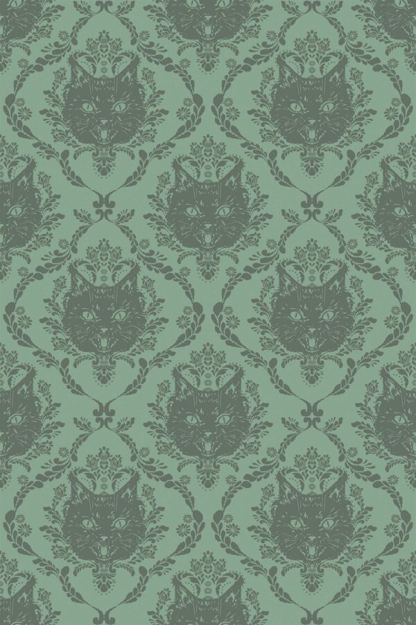 Gothic Sage Damask Cats Wallpaper
