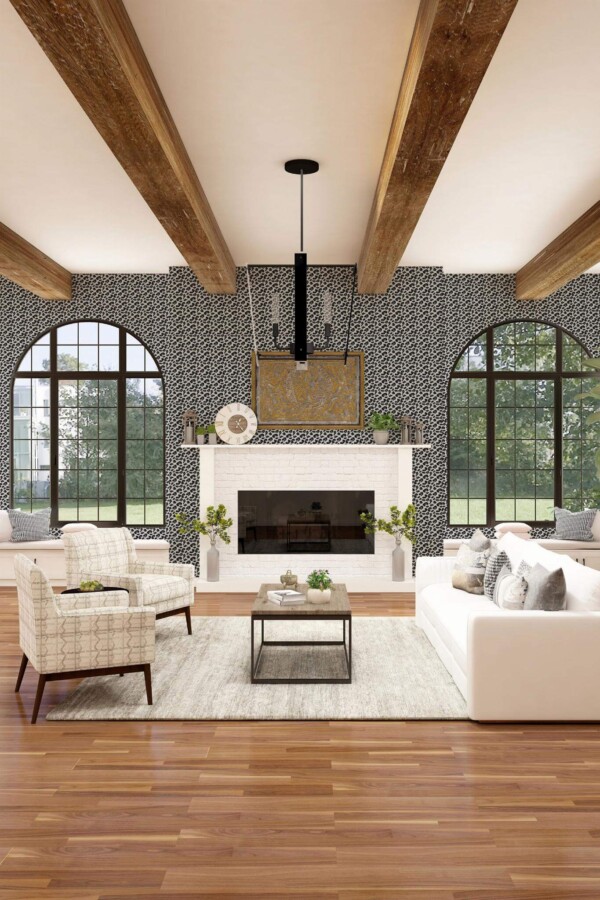 Light farmhouse style living room decorated with Black cheetah pattern peel and stick wallpaper