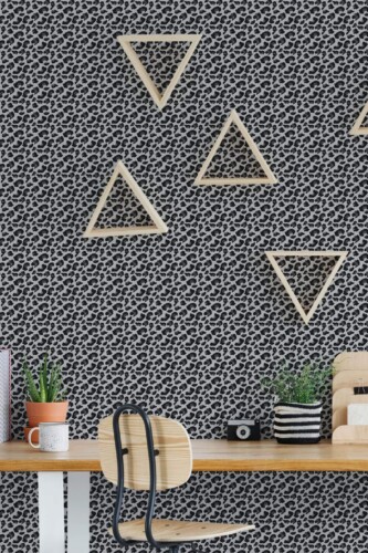 Scandinavian style home office decorated with Black cheetah pattern peel and stick wallpaper