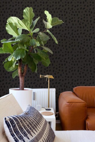 Mid-century style living room decorated with Black cheetah print peel and stick wallpaper
