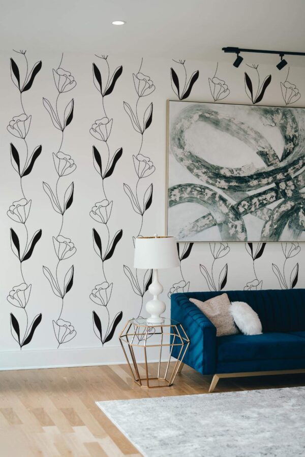 Modern style living room decorated with Black flowers peel and stick wallpaper
