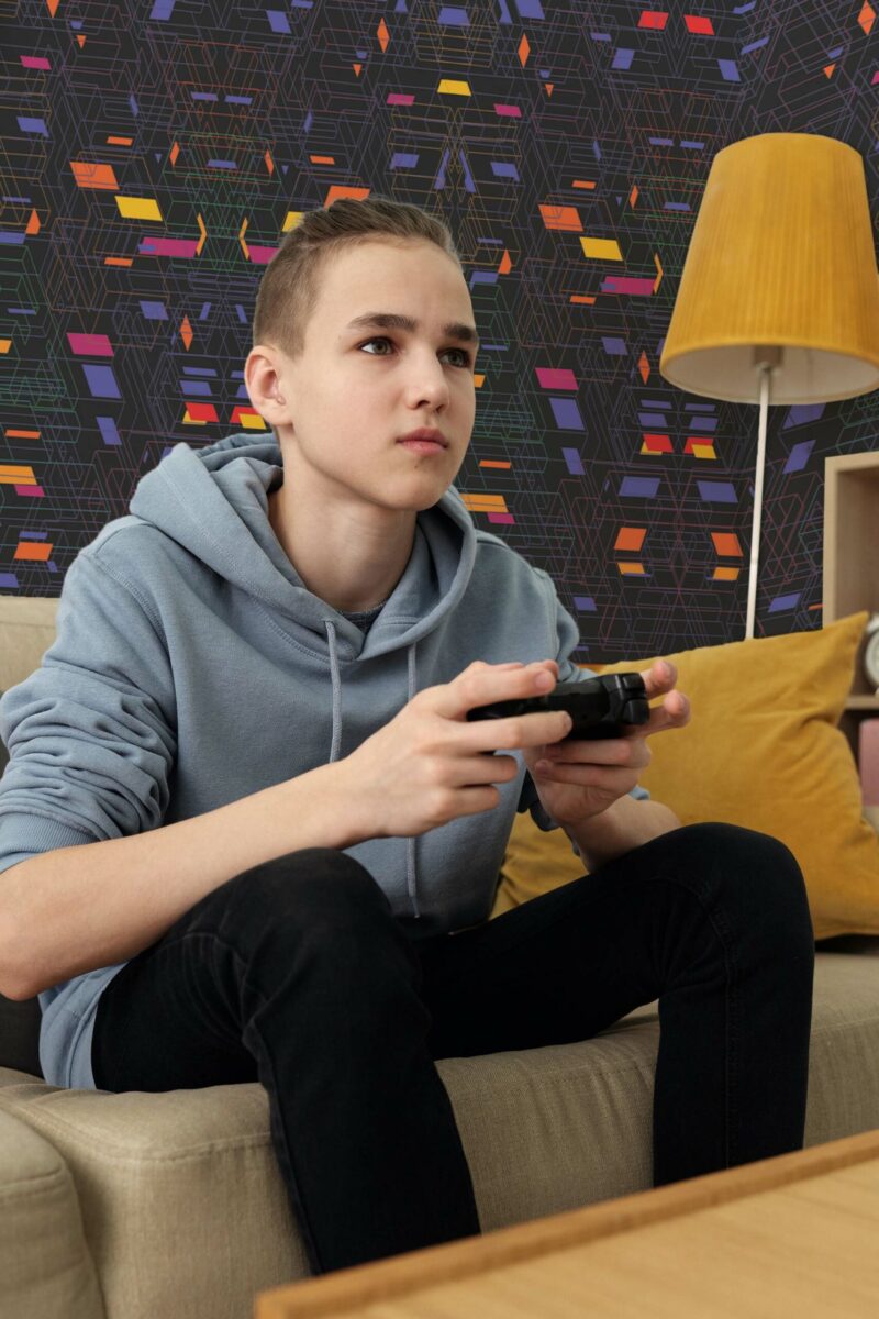 Bold Dark Gaming peel and stick or non-pasted wall mural. Fancy Walls removable self-adhesive or traditional colorful geometric eco-friendly and PVC-free game room mural wallpaper.