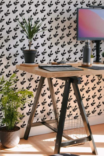 Scandinavian style home office decorated with Black leaf with green accent peel and stick wallpaper