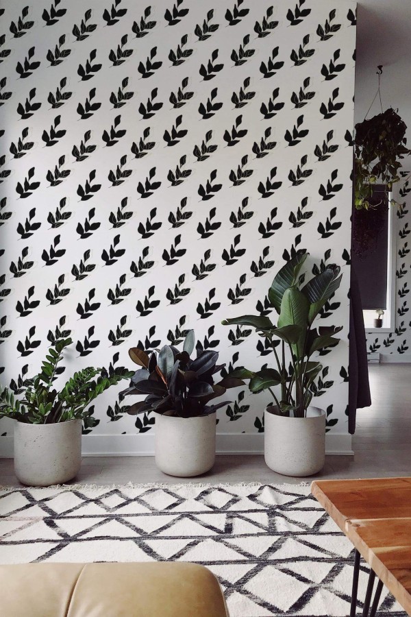 Scandinavian style living room decorated with Black leaf with green accent peel and stick wallpaper
