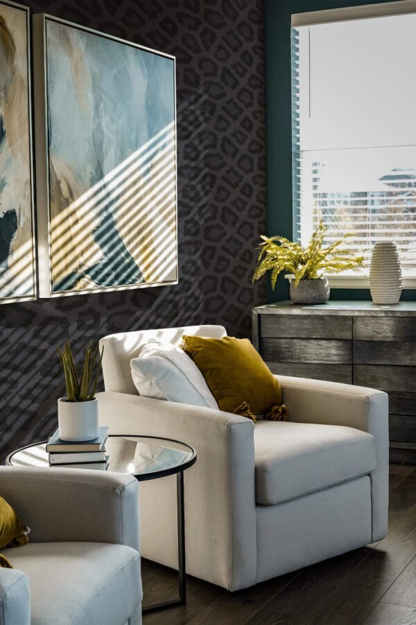 Shabby chic style living room decorated with Black leopard pattern peel and stick wallpaper