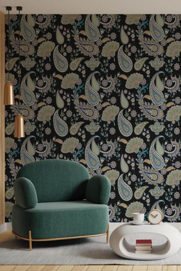 Contemporary style living room decorated with Black paisley peel and stick wallpaper